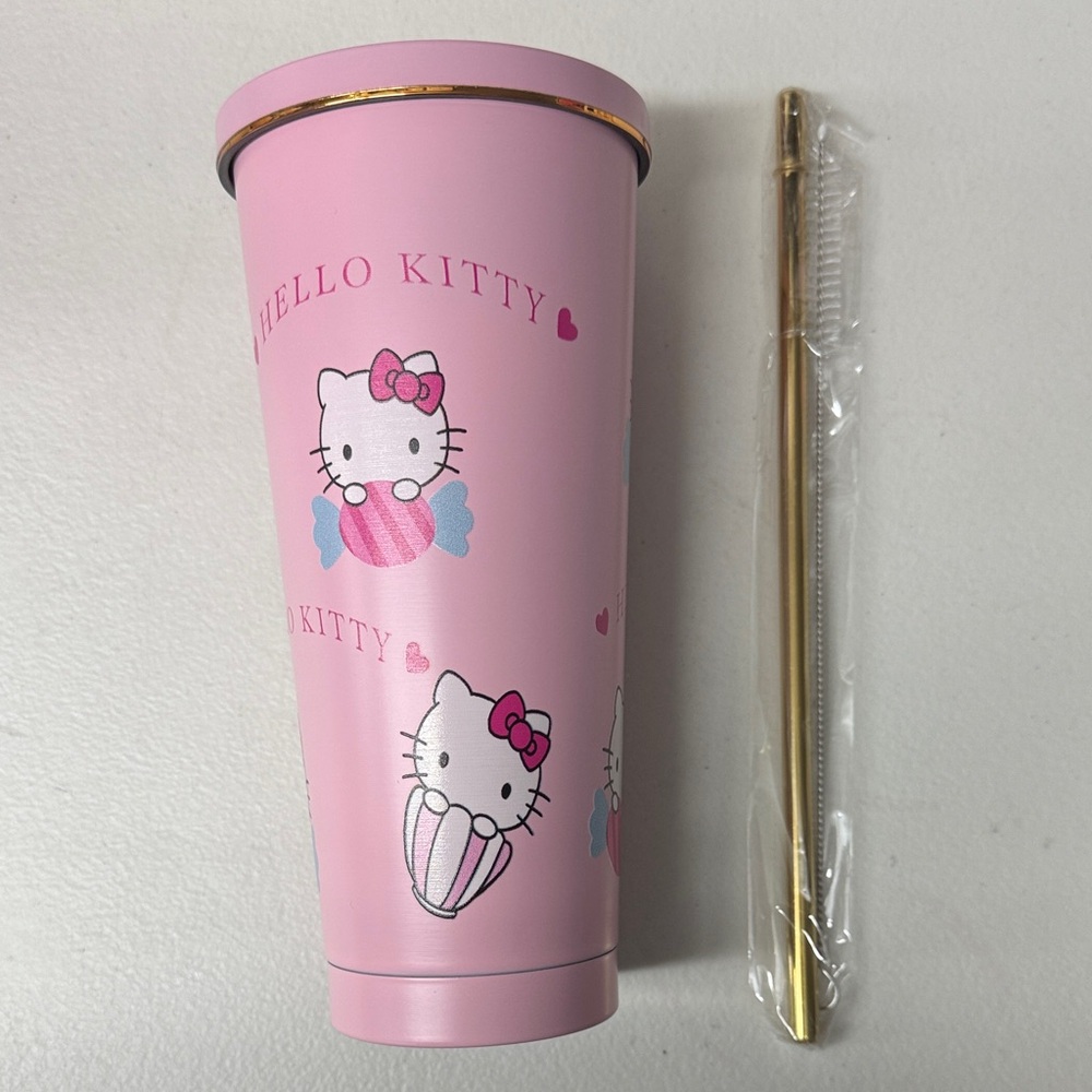 Hello Kitty Inspired Pink Tumbler, Reusable with Gold Straw & Straw Cleaner